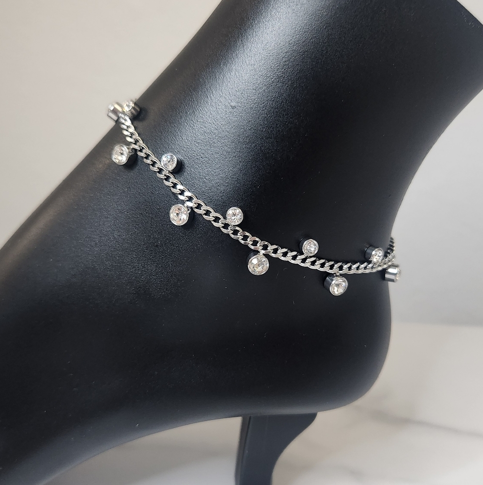 Boho Silver Diamond Dangle Anklet Bracelet - Picture 2 of 10